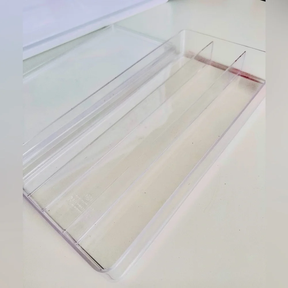 BoxBox Clear Acrylic Long 3 Compartment Makeup Jewelry Organizer Box w Lid! 11”